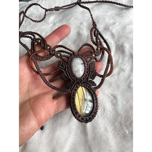 Artisan Braided Hemp Flash Labradorite + Rainbow Moonstone Necklace - Picture 1 of 4